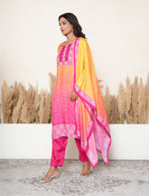Pink and Yellow bandhej printed embroidered suit